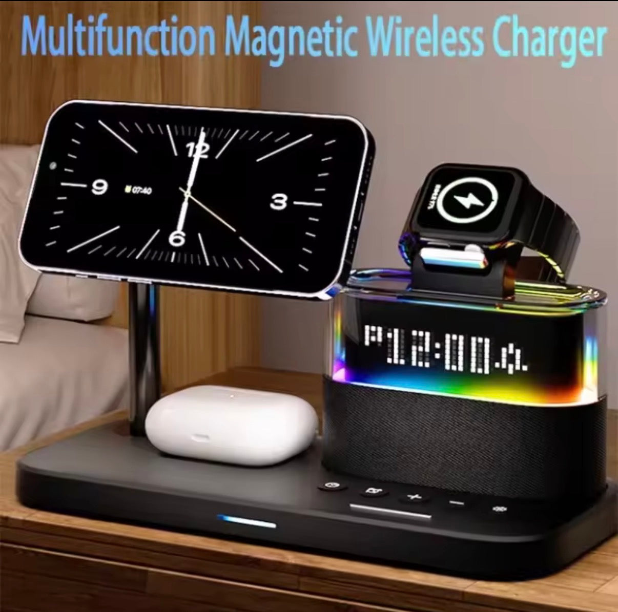 5-in-1 Magnetic Wireless Charging Station w. Alarm Clock Night Light - iPhone, AirPods, Apple Watch