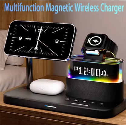 5-in-1 Magnetic Wireless Charging Station w. Alarm Clock Night Light - iPhone, AirPods, Apple Watch