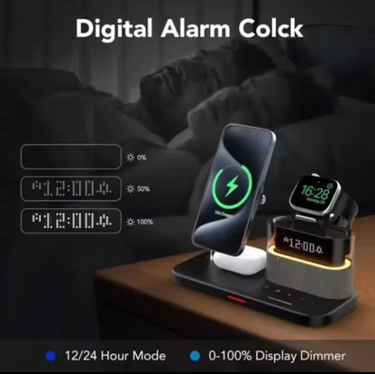 5-in-1 Magnetic Wireless Charging Station w. Alarm Clock Night Light - iPhone, AirPods, Apple Watch