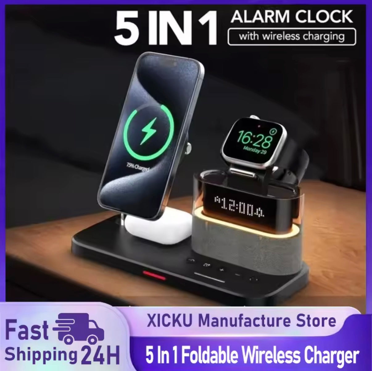 5-in-1 Magnetic Wireless Charging Station w. Alarm Clock Night Light - iPhone, AirPods, Apple Watch